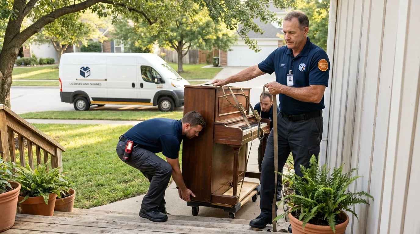Licensed piano movers securing grand piano in Pagosa Springs, CO