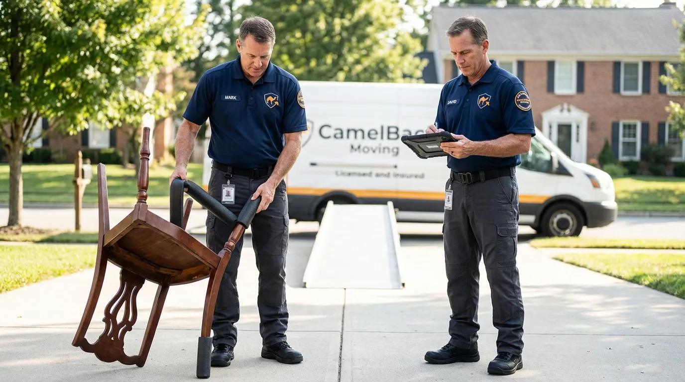 Movers inspecting furniture for damage prevention before loading in Pagosa Springs, CO