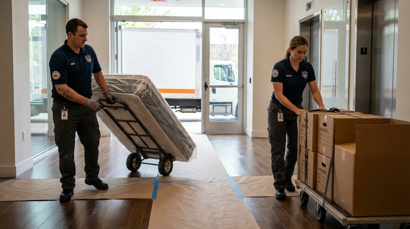 Professional apartment movers loading elevator in Pagosa Springs, CO