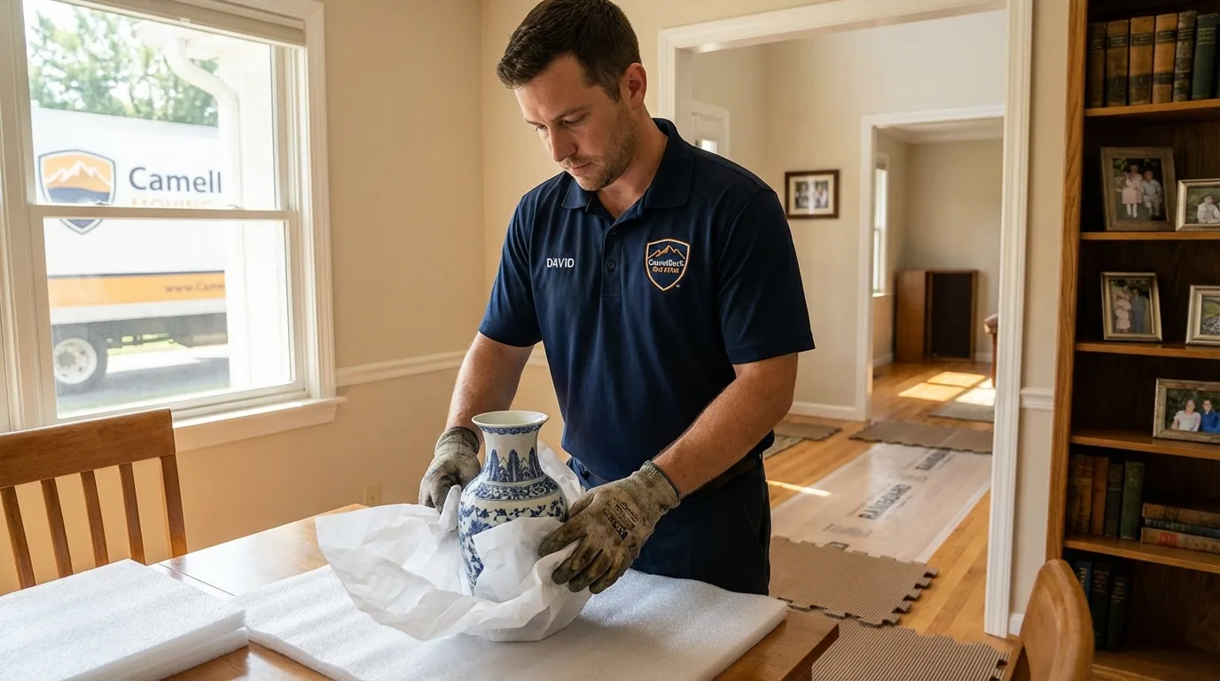 Professional crew carefully wrapping antique vase for senior downsizing move in Pagosa Springs, CO
